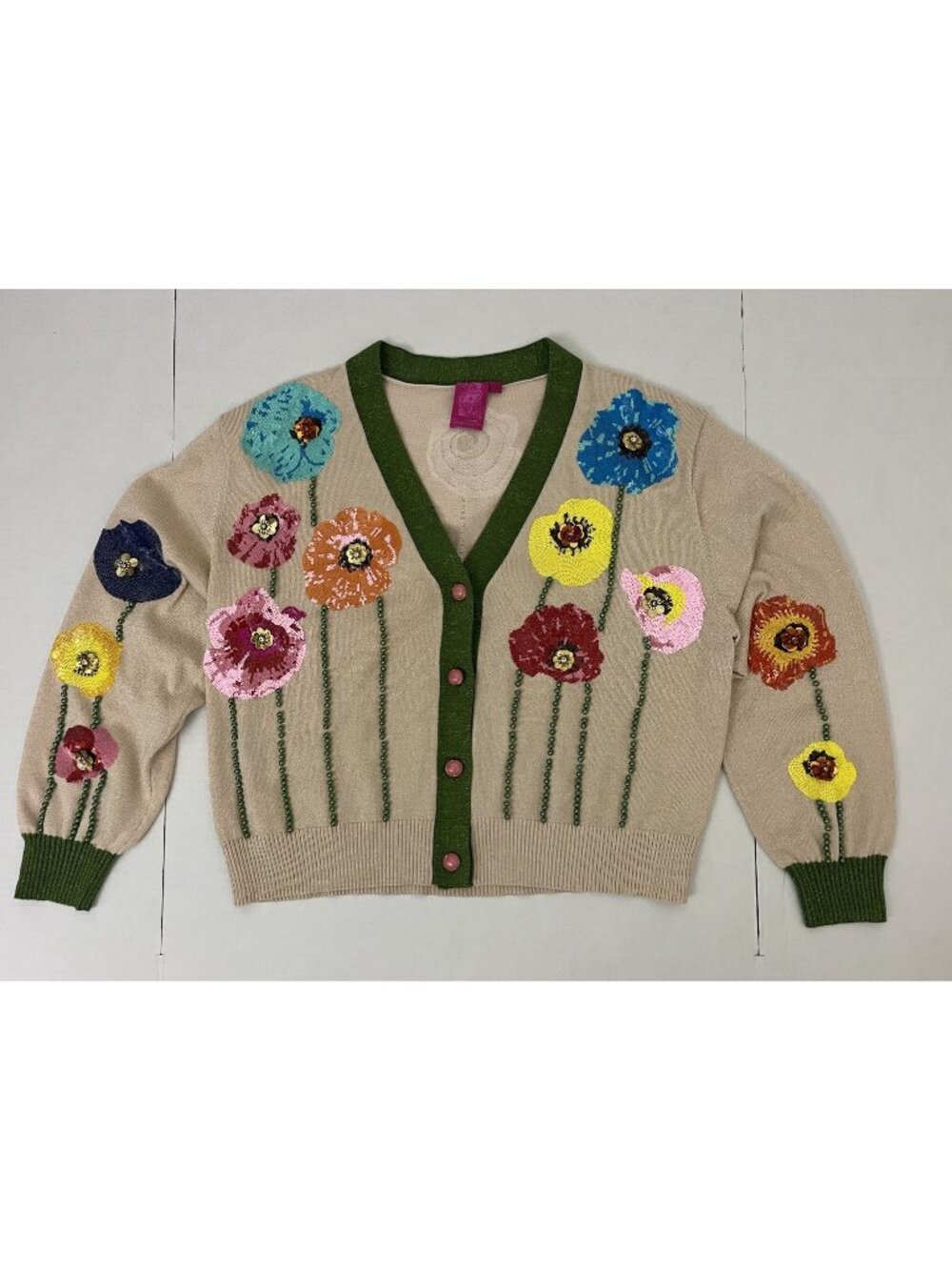 Queen of Sparkle Women's S Cardigan Floral Flower Poppy Sequin Beaded Sweater